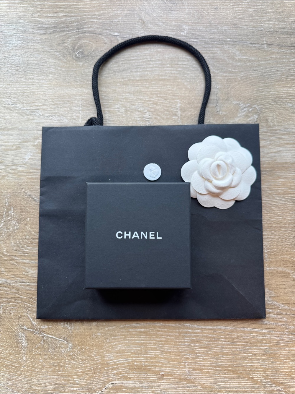 CHANEL Black Gift Bag with White Camellia and Black Box